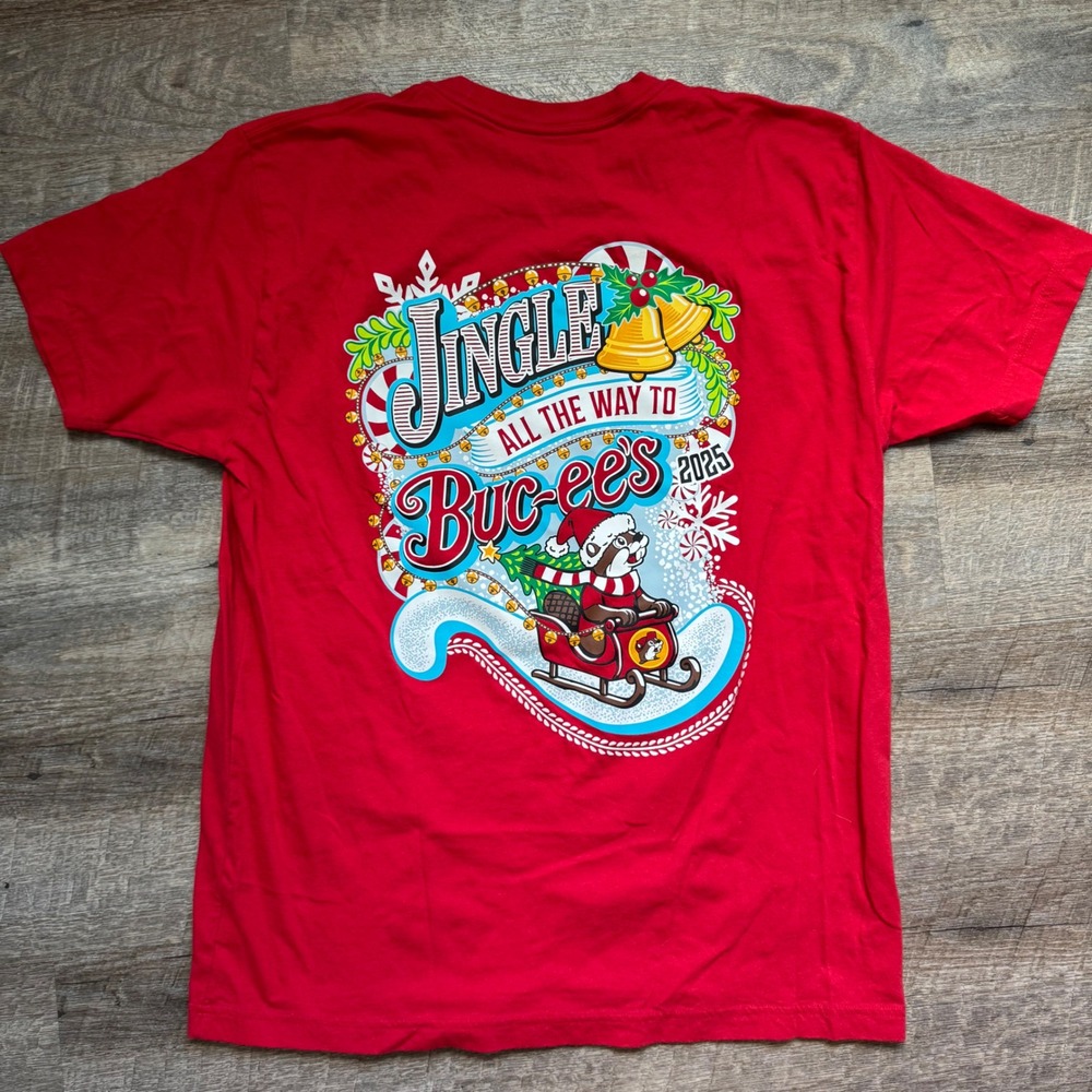 Buc-ee's Jingle All The Way Christmas 2025 T-Shirt Large Regular Red Graphic Tee